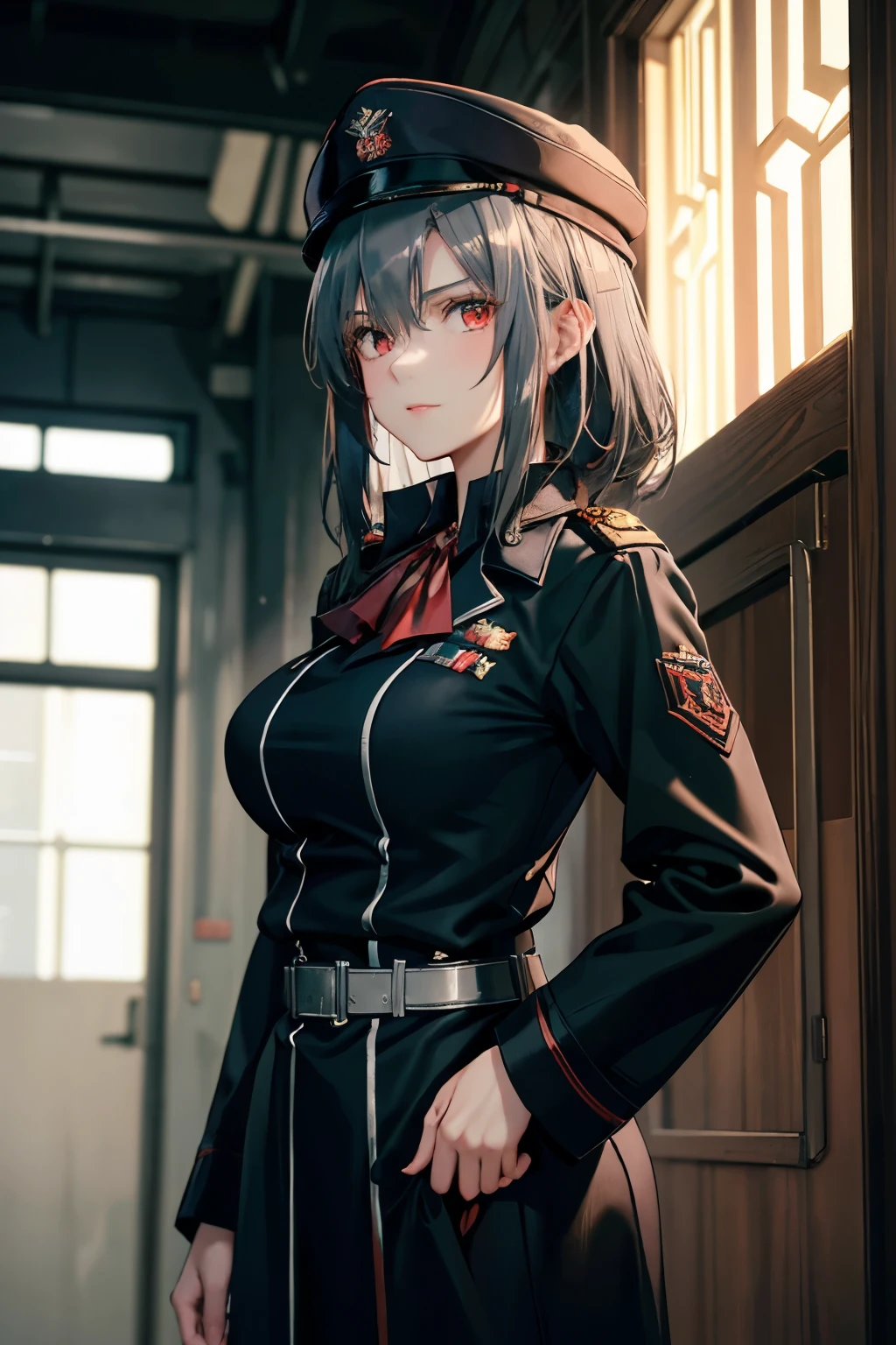 20-year-old beautiful,cool,woman Soviet officer,short silver half updo Wolf Cut hair,red eyes.tsurime,big breasts,a steady person,1940s,Wearing a dark green long coat and military cap, standing in an officer's room