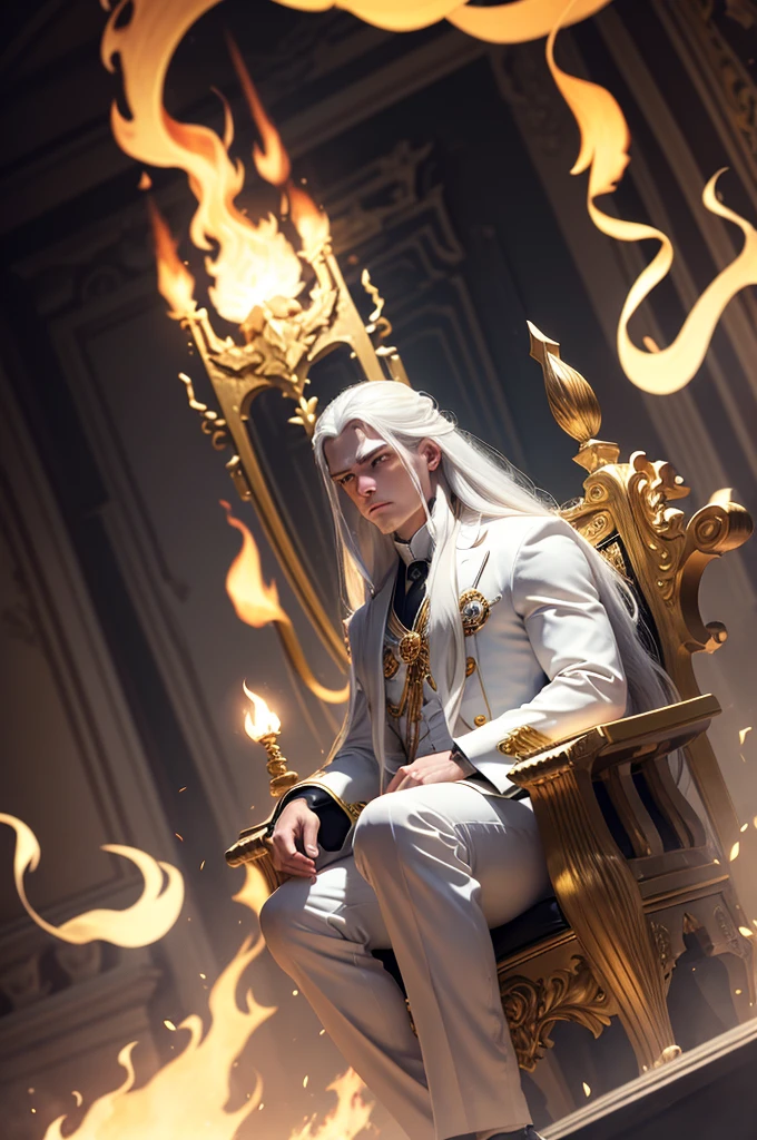 man, twenty four years old, white long hair, wearing white suit, black pants, strong body, serious face, hands crossed, sitting on a throne, dim light, flames around, golden eyes, long distance view, wide angle image, no beard, front angle view