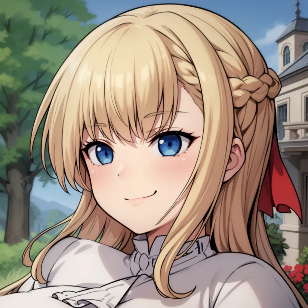 high quality, masterpiece. Blue eyes. blonde hair. braid. tricky glance. evil smile. haughty face. Hand on cheek. white elegant blouse. Against the background of a beige manor with a garden.