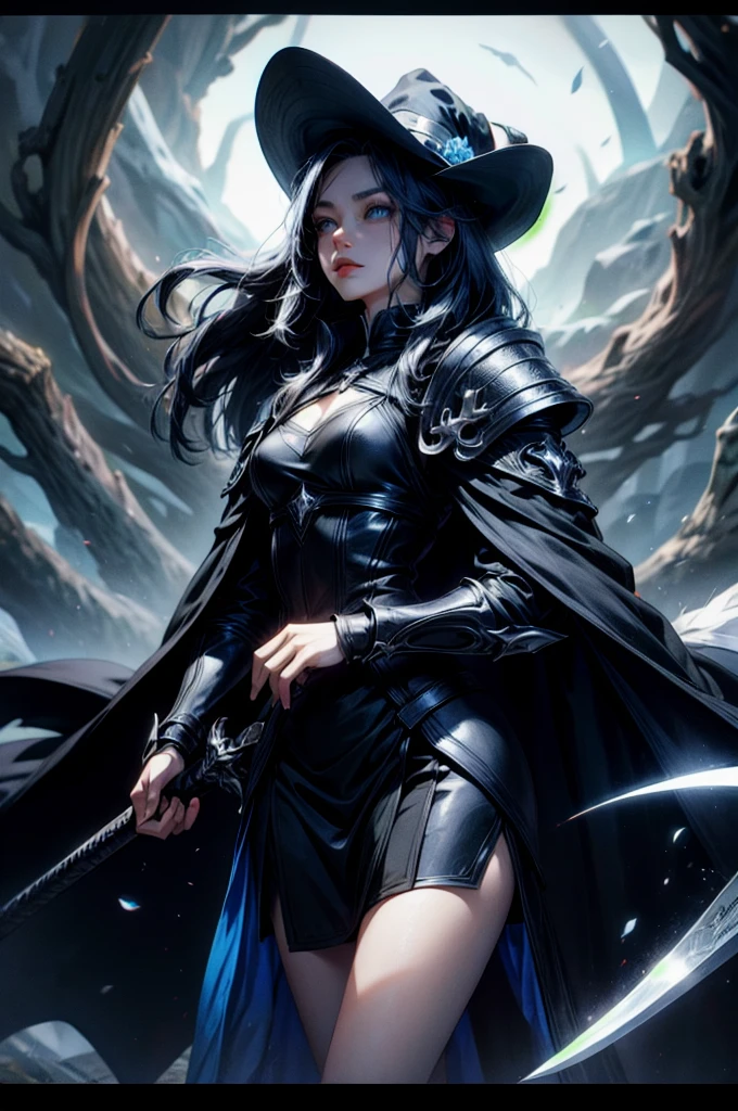 (absurdres, highres, ultra detailed), clean detailed anime art, 1woman, black blue toned hair, long hair, blue eyes, white skin, witch hunter character, holding a sword, dark forest, night,