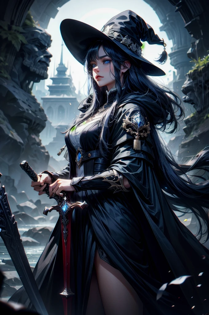 (absurdres, highres, ultra detailed), clean detailed anime art, 1woman, black blue toned hair, long hair, blue eyes, white skin, witch hunter character, holding a sword, dark forest, night,