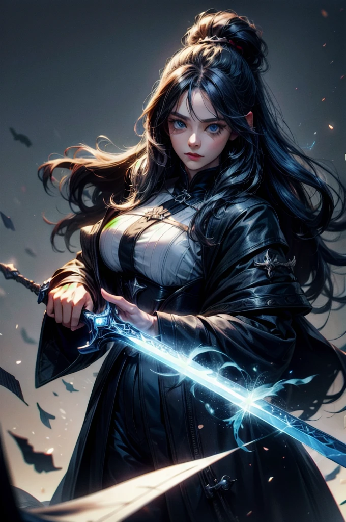 (absurdres, highres, ultra detailed), clean detailed anime art, 1woman, black blue toned hair, long hair, blue eyes, white skin, witch hunter character, holding a sword, dark forest, night,