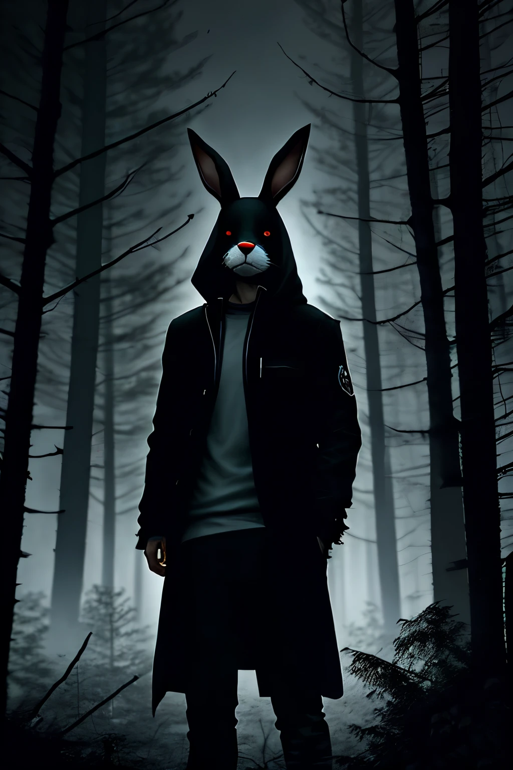 In the heart of an ominous forest, the silhouette of Jeff the Killer emerges, his identity concealed by a menacing rabbit mask. The mask's seams are worn and frayed, hinting at the numerous tales of terror it has been a part of. The forest around him is shrouded in an eerie, moonlit glow, the trees towering above, their branches swaying ominously in the wind. The forest floor is littered with leaves and debris, the silence broken only by the occasional crackling of twigs underfoot. Jeff stands tall, his posture imposing, his eyes fixed on an unseen target with a chilling intensity, exuding an aura