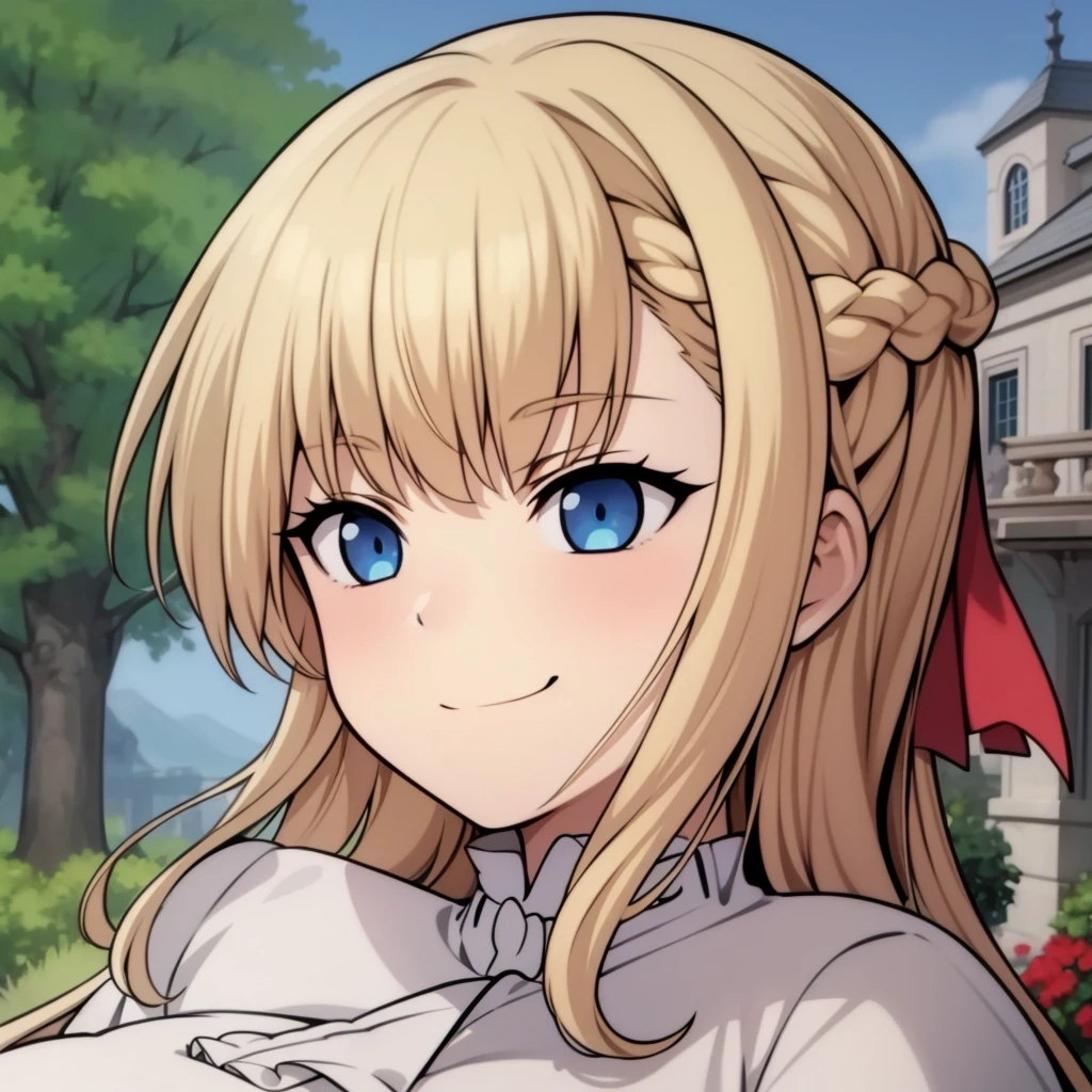 high quality, masterpiece. Blue eyes. blonde hair. braid. tricky glance. evil smile. haughty face. Hand on cheek. white elegant blouse. Against the background of a beige manor with a garden.