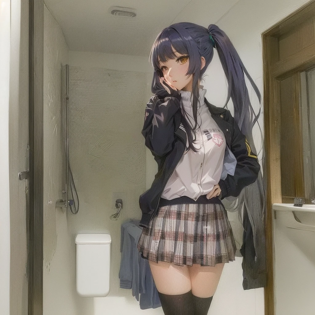 anime girl in a short skirt and jacket standing In the bathroom, a Surreal , 現実的なhigh school girl, beautiful anime high high school girl, Surreal , Gwaiz, Smooth anime CG art, In the bathroom, artwork in the style of Gwaiz, In the bathroom, Anime full body illustration, Anime Moe Art Style, high school girl
