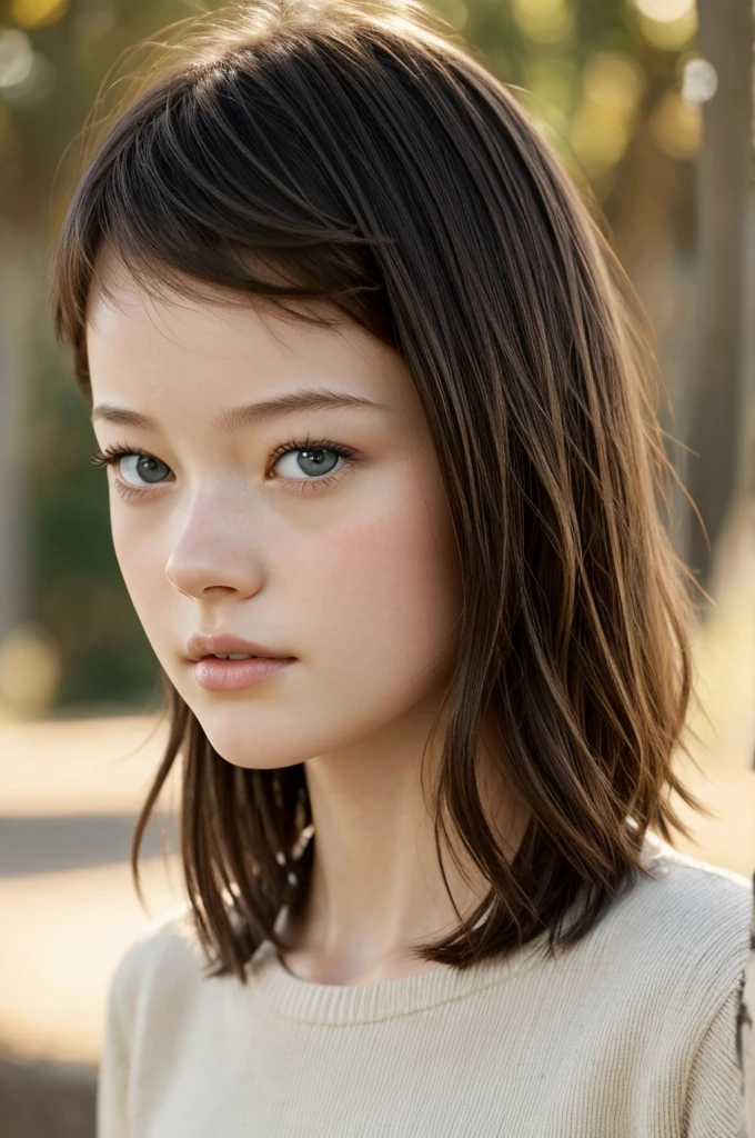 A 17 year old girl, slanted eyes, Short hair with bangs, fine nose, with features of Mackenzie Foy