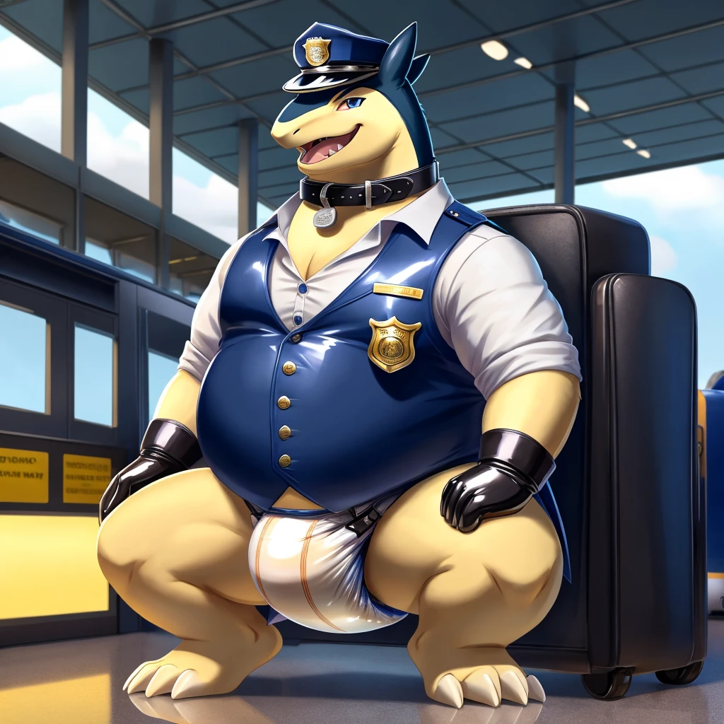 Solo, Male, fat, squatting, extremely obese, gentleman, dapper Typhlosion, pooping in diaper, blue eyes, (soft shading), 4k, hi res, ((detailed face, detailed)), looking at viewer, evil grin, Airport, TSA, TSA Uniform, collared shirt with buttons, hat, male focus, Police Uniform, glasses, monocle, vest with buttons, sleeves rolled up, round eyewear, headwear, vest, Typhlosion is wearing a glossy leather dog collar around the neck, Typhlosion is wearing the leather collar and shirt and vest at the same time, Typhlosion is wearing glossy white rubber gloves on the hands, wearing white rubber gloves on the feet, gloves are rubber in texture, mouth wide open, evil laugh, clenching fists, leather collar is glossy and shiny with a lot of detail, Typhlosion is wearing gloves and leather collar at the same time, leather collar has a round dog-tag, leather collar is thick and detailed, white rubber gloves on the feet, Typhlosion is wearing gloves and leather collar at the same time, leather collar has a round dog-tag, leather collar is thick and detailed, leather collar is glossy and shiny, fancy clothing, dapper vest, dapper shirt, leather collar is thick, glossy leather collar, Typhlosion is wearing a dirty diaper