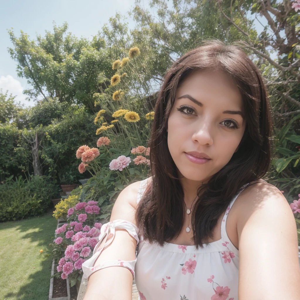 There is a woman who is taking a selfie in front of some flowers, 8k selfie photograph, con flores, in garden, in garden, Foto tomada con Canon 5D, Disparo con GoPro9, selfie shot straight on angle, Tomada en Go Pro Hero8, Tomada con Sony Alpha 9, Sentado in garden de rosas, sitting in garden