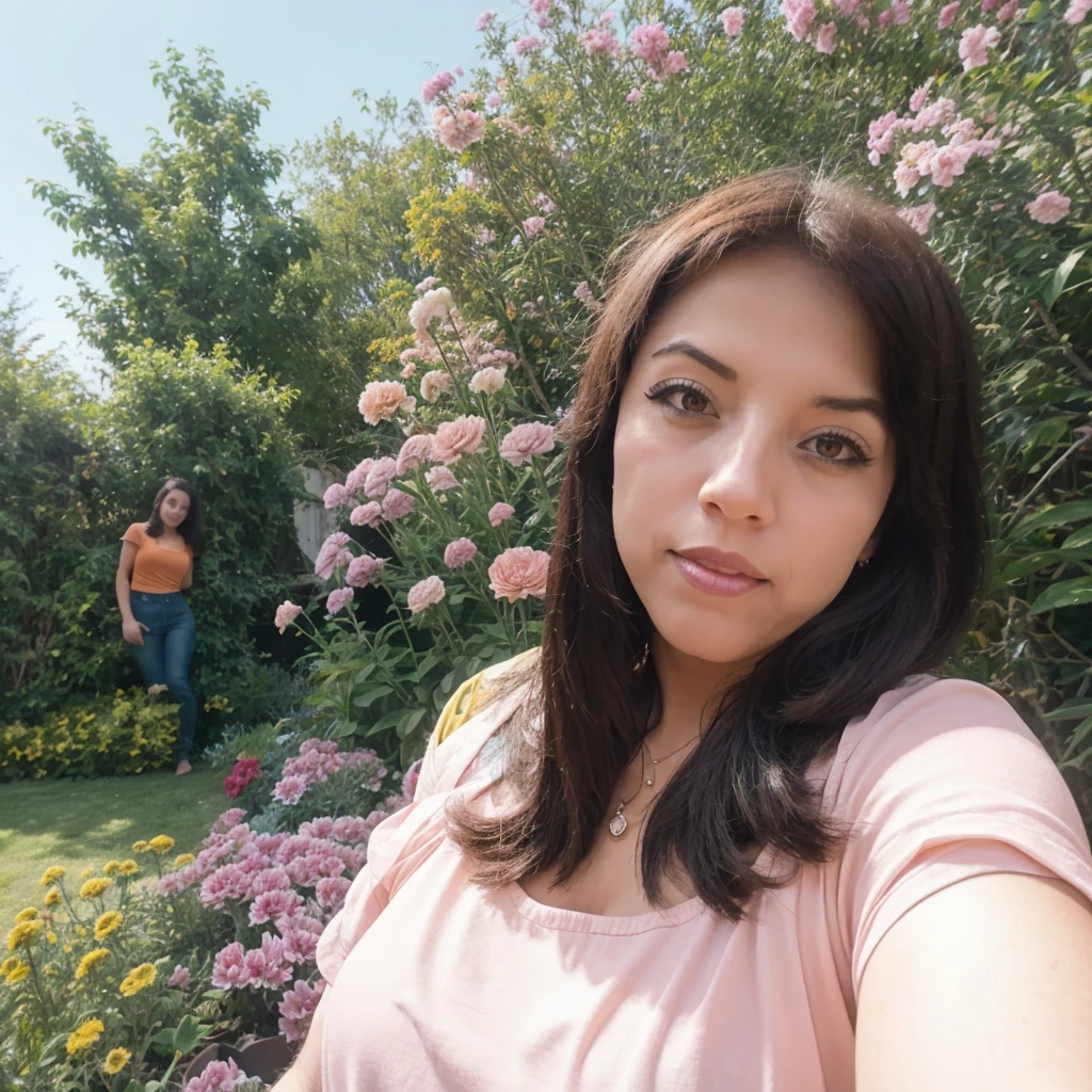 There is a woman who is taking a selfie in front of some flowers, 8k selfie photograph, con flores, in garden, in garden, Foto tomada con Canon 5D, Disparo con GoPro9, selfie shot straight on angle, Tomada en Go Pro Hero8, Tomada con Sony Alpha 9, Sentado in garden de rosas, sitting in garden