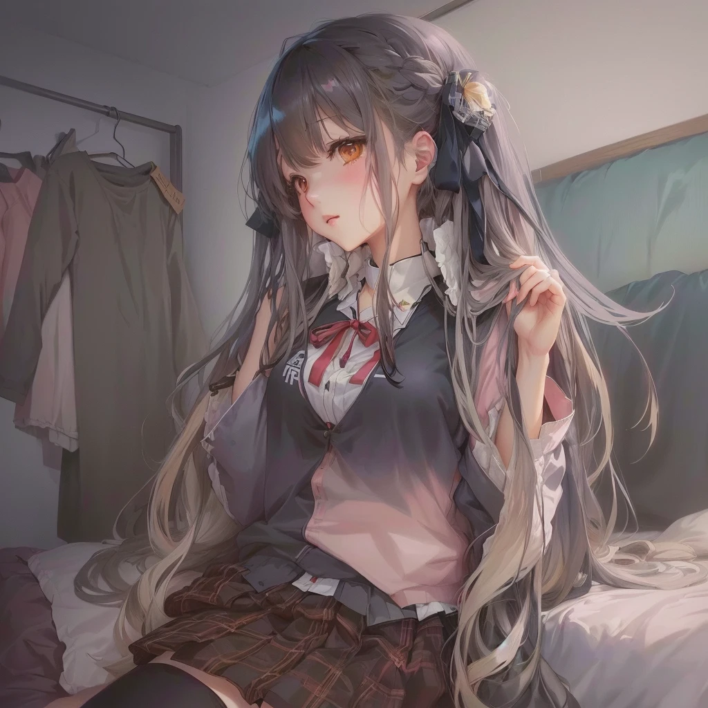 Anime Girls with long hair sitting on bed with clothes hanging on wall, Soft anime illustration, Smooth anime CG art, Anime Girls with long hair, seductive Anime Girls, From Girls Frontline, cute Anime Girls, Anime Art Wallpapers 8K, [ 4k digital art ]!!, Anime Moe Art Style, Painted in an anime artist&#39;s studio, Anime Girls