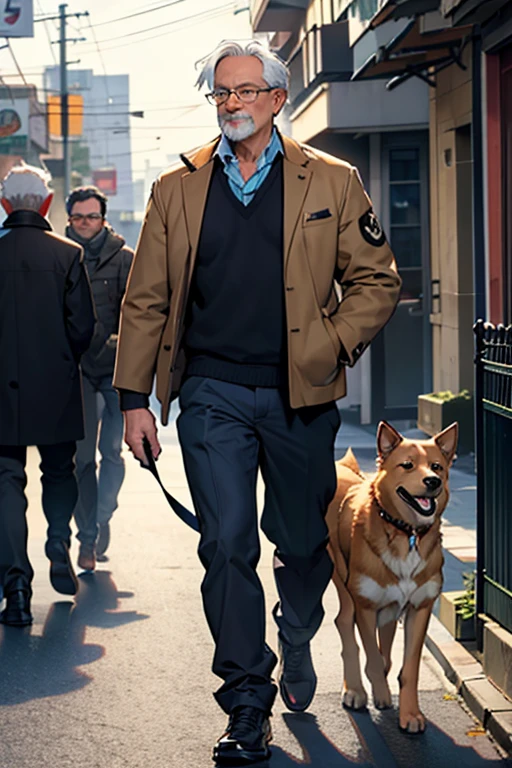 a middle-aged man with glasses carrying a golen retriever. con Batman, Einstein and AMLO behind him