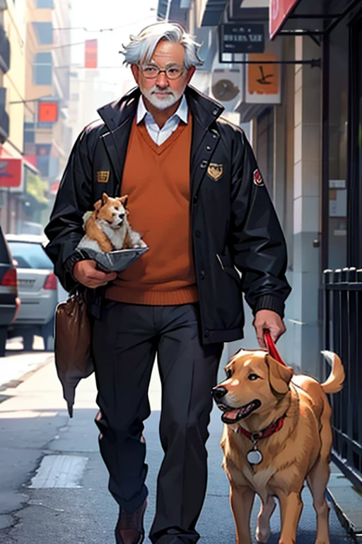 a middle-aged man with glasses carrying a golen retriever. con Batman, Einstein and AMLO behind him