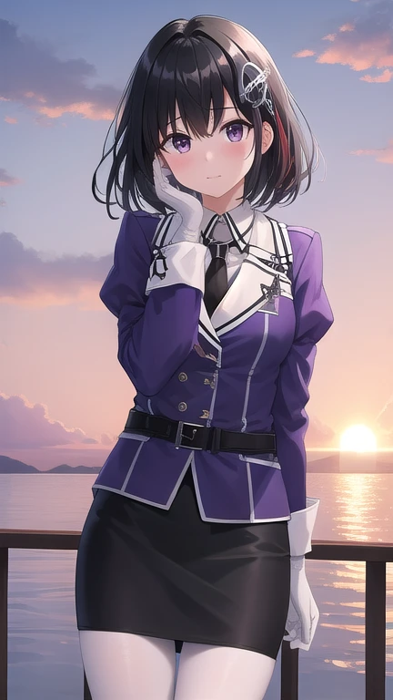 ((masterpiece)),(best quality),official art,extremely detailed CG,unity 8k wallpaper,ultra detailed,A lighthouse on a cliff by the sea,1girl,solo,cowboy shot,white_pantyhose,black_necktie,hair_ornament,short_hair,black_hair,military_uniform,black_eyes,white_gloves,purple jacket,pencil_skirt,black_skirt,brown_eyes,elbow_gloves,