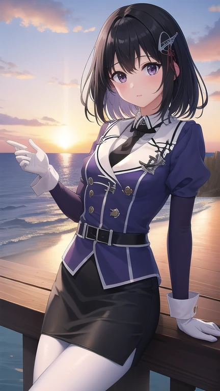 ((masterpiece)),(best quality),official art,extremely detailed CG,unity 8k wallpaper,ultra detailed,A lighthouse on a cliff by the sea,1girl,solo,cowboy shot,white_pantyhose,black_necktie,hair_ornament,short_hair,black_hair,military_uniform,black_eyes,white_gloves,purple jacket,pencil_skirt,black_skirt,brown_eyes,elbow_gloves,