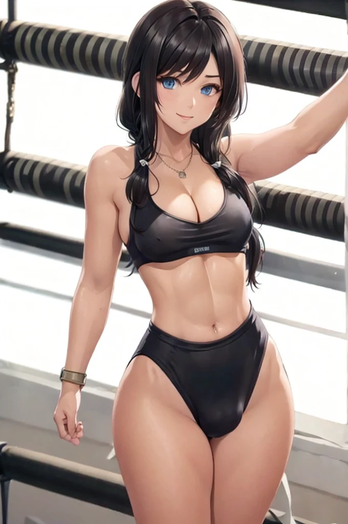 ((masterpiece)), (bestquality), ((ultra-detailed)), depth of field, (dynamic angle), (beautiful detailed blue eyes), 1woman, ((full body portrait)),((voluminous long black hair styled into one single long braid down to her waist)), perfect Body, ((medium bust, cleavage)), smiling, (Beautiful woman wearing a gym outfit, inside a gym), (toned and slender body), black hair, (sexy abs, cleavage), gym_outfit, bracelet, necklace, bulge, taking a Selfie,