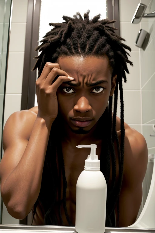 Create a scared young black man looking at the shampoo bottle He needs to look at the bottle and he is scared