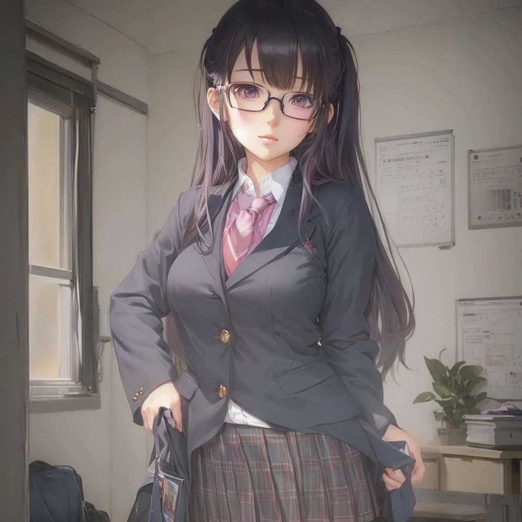 anime girl in a Wearing glasses and a tie, Realistic school girl, Anime Moe Art Style, a Surreal , Surreal , Half Yamada, Smooth anime CG art, Painted in an anime artist's studio, Beautiful anime school girl, Gwaiz, Created by Anime Painter Studio, artwork in the style of Gwaiz, Wearing glasses