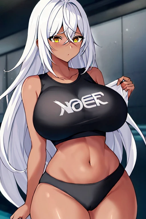 1girl, anime style, 2d, anime screencap, dark skin, black skin, dark-skinned female, white hair, long hair, large breasts, wide hips, thick thighs, shirt, sportswear, shy, sports bra, screencap, masterpiece