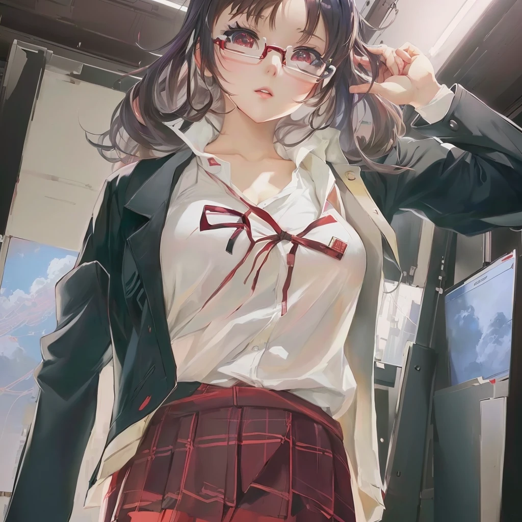 Wearing glasses、Anime girl in a white shirt and red skirt, Kantai Collection Style, artwork in the style of Gwaiz, Gwaiz, Detailed digital anime art, Digital anime illustration, Gwaiz on pixiv artstation, Anime Moe Art Style, a Surreal , Realistic school girl, Created by Anime Painter Studio, Surreal 