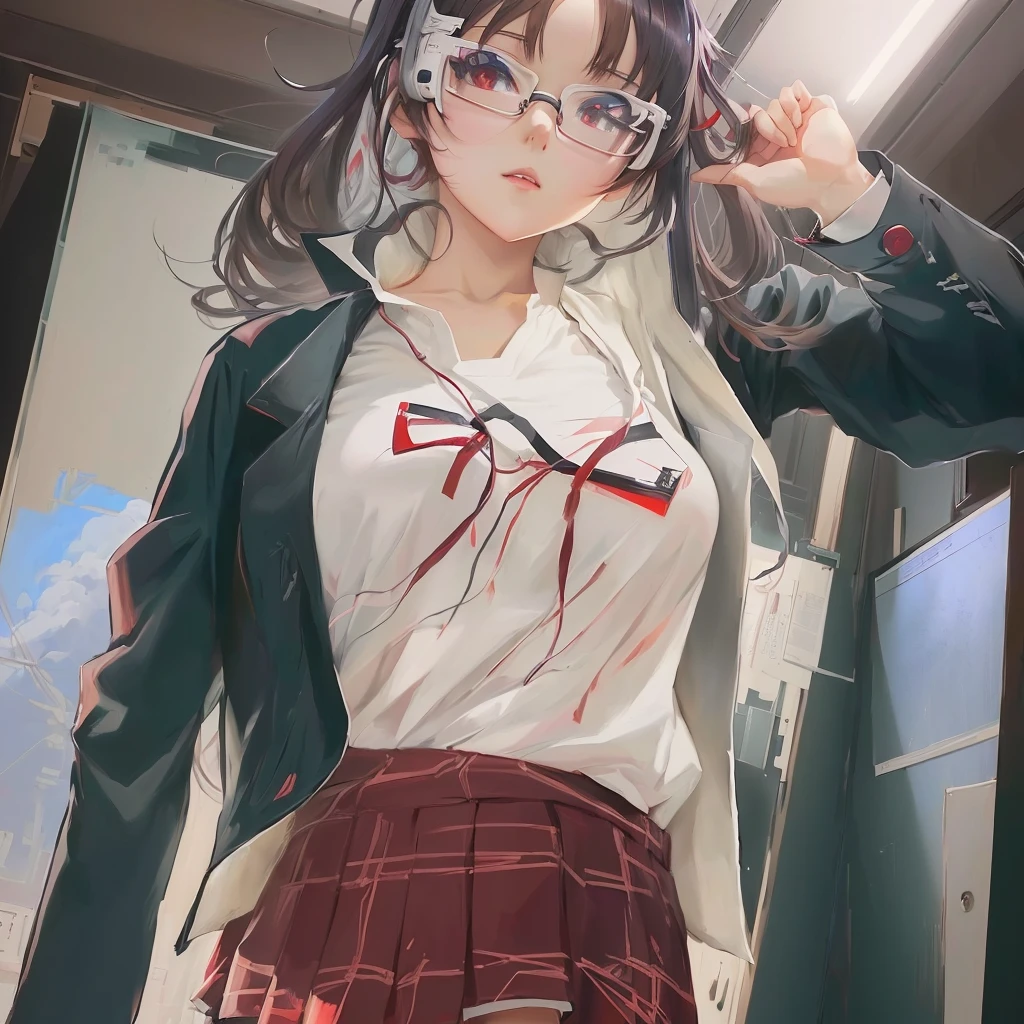 Wearing glasses、Anime girl in a white shirt and red skirt, Kantai Collection Style, artwork in the style of Gwaiz, Gwaiz, Detailed digital anime art, Digital anime illustration, Gwaiz on pixiv artstation, Anime Moe Art Style, a Surreal , Realistic school girl, Created by Anime Painter Studio, Surreal