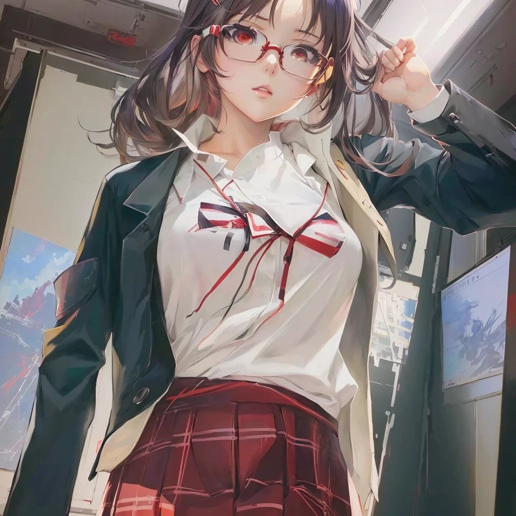 Wearing glasses、Anime girl in a white shirt and red skirt, Kantai Collection Style, artwork in the style of Gwaiz, Gwaiz, Detailed digital anime art, Digital anime illustration, Gwaiz on pixiv artstation, Anime Moe Art Style, a Surreal , Realistic school girl, Created by Anime Painter Studio, Surreal 