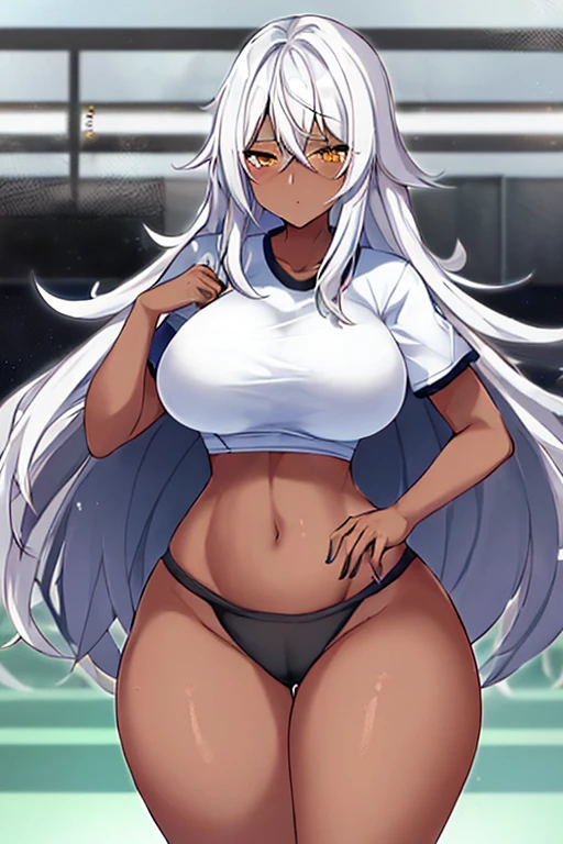 1girl, anime style, 2d, anime screencap, dark skin, black skin, dark-skinned female, white hair, long hair, large breasts, wide hips, thick thighs, shirt, sportswear, shy, sports bra, screencap, masterpiece,