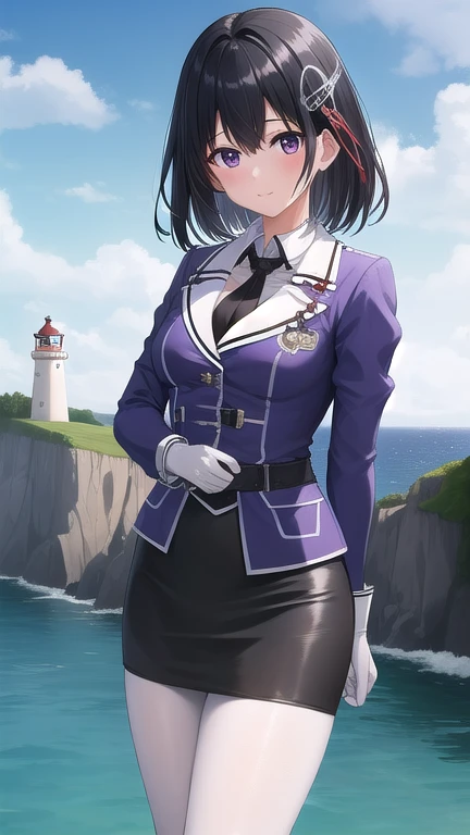 ((masterpiece)),(best quality),official art,extremely detailed CG,unity 8k wallpaper,ultra detailed,A lighthouse on a cliff by the sea,1girl,solo,cowboy shot,white_pantyhose,black_necktie,hair_ornament,short_hair,black_hair,military_uniform,black_eyes,white_gloves,purple jacket,pencil_skirt,black_skirt,brown_eyes,elbow_gloves,