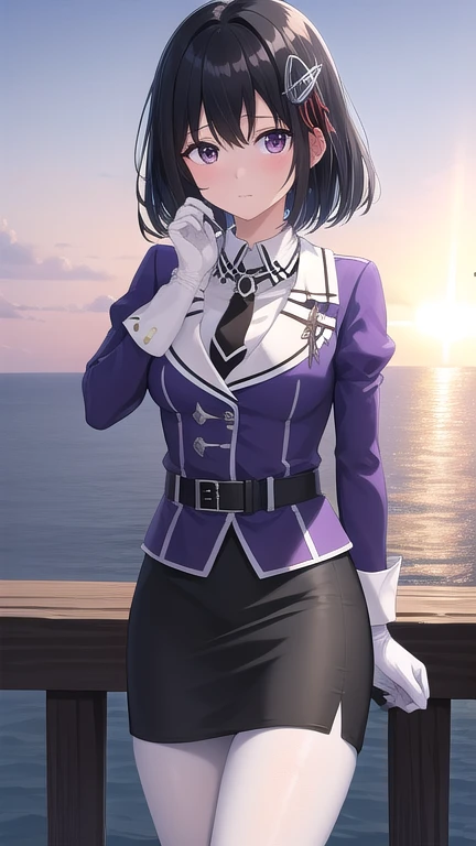 ((masterpiece)),(best quality),official art,extremely detailed CG,unity 8k wallpaper,ultra detailed,A lighthouse on a cliff by the sea,1girl,solo,cowboy shot,white_pantyhose,black_necktie,hair_ornament,short_hair,black_hair,military_uniform,black_eyes,white_gloves,purple jacket,pencil_skirt,black_skirt,brown_eyes,elbow_gloves,