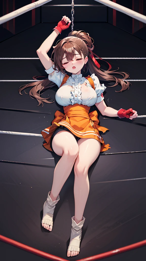 Highest quality，masterpiece，Lying down，sleep，(レスリングのリングにLying down, WWE Divas，Wrestling Arena，Wrestling ring background, Boxing ring background), 仰向けにsleep, Lack of stamina, Ryona, Hitting a girl, death is near，タケユカ 超ロングヘア ヘアribbon, Frilled shirt, Underbust, ribbon, Fingerless gloves, White gloves, Waist apron, Orange Skirt, socks, Toeless legwear，winner, Nice, winner, (Moaning , Open your mouth), ((, 仰向けにsleep, Torn clothes，Torn clothes，　Tattered clothes，地面にsleep, lose consciousness, Unconscious, )), , ( Tilt your head),