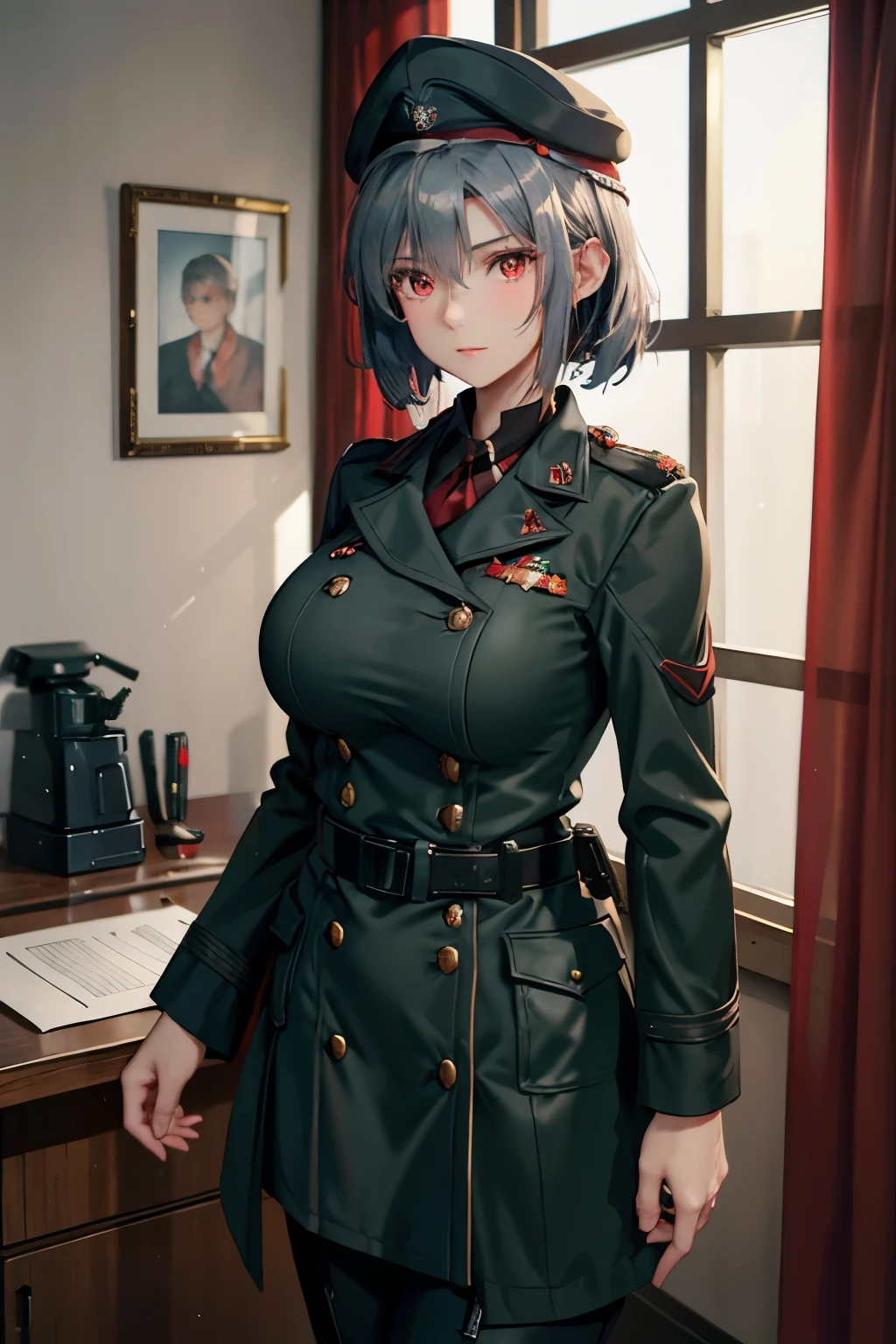 20-year-old beautiful,cool,woman Soviet officer,short silver half updo Wolf Cut hair,red eyes.tsurime,big breasts,a steady person,1940s,Wearing a dark green long coat, military cap and riding breeches,standing in an officer's room,Outside the window it's winter