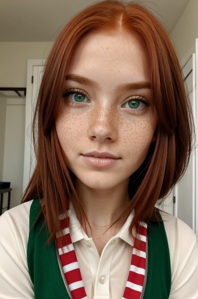 redhead girl,Brown eyes,some small freckles,red and green striped polo