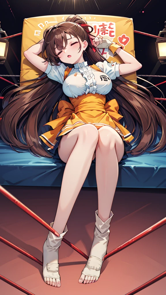 Highest quality，masterpiece，Lying down，sleep，(レスリングのリングにLying down, WWE Divas，Wrestling Arena，Wrestling ring background, Boxing ring background), 仰向けにsleep, Lack of stamina, Ryona, Hitting a girl, death is near，タケユカ 超ロングヘア ヘアribbon, Frilled shirt, Underbust, ribbon, Fingerless gloves, White gloves, Waist apron, Orange Skirt, socks, Toeless legwear，winner, Nice, winner, (Moaning , Open your mouth), ((, 仰向けにsleep, Torn clothes，Torn clothes，　Tattered clothes，地面にsleep, lose consciousness, Unconscious, )), , ( Tilt your head),