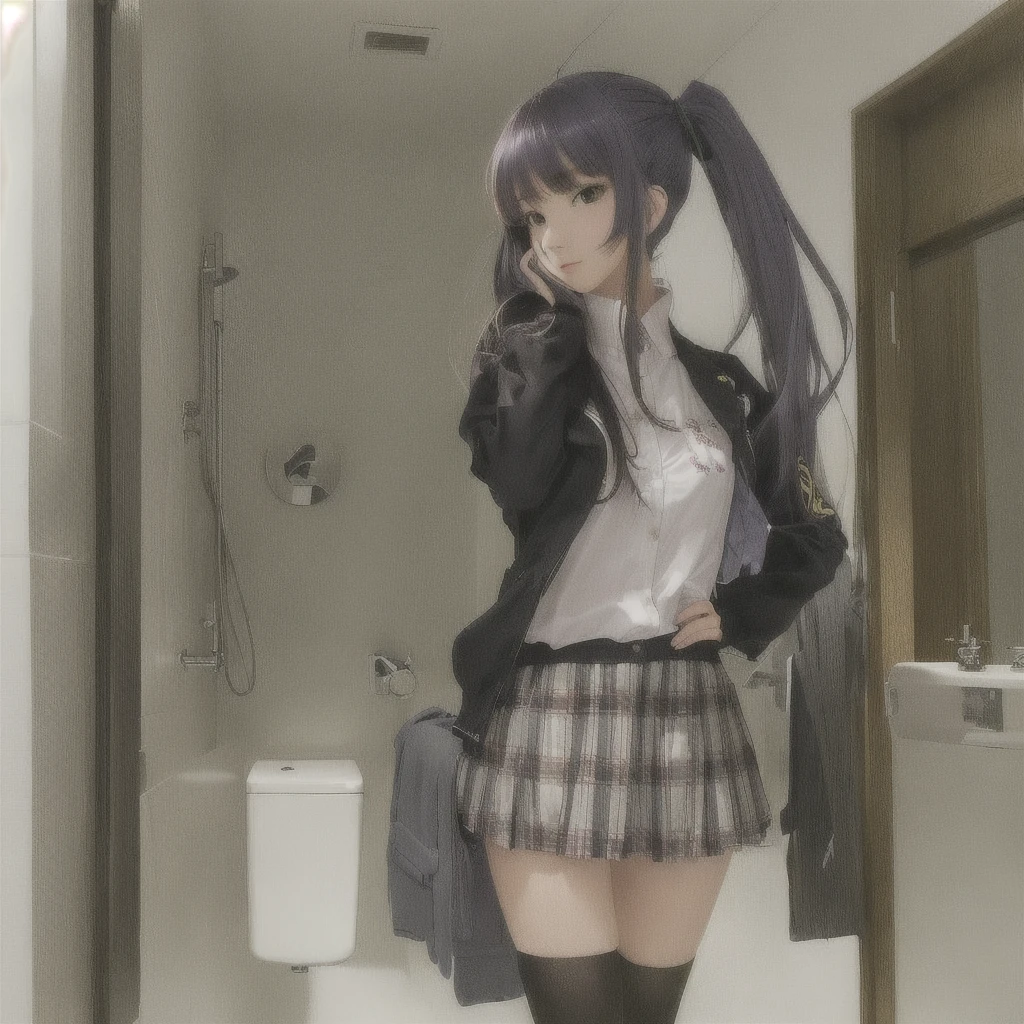 anime girl in a short skirt and jacket standing In the bathroom, a Surreal , 現実的なhigh school girl, beautiful anime high high school girl, Surreal , Gwaiz, Smooth anime CG art, In the bathroom, artwork in the style of Gwaiz, In the bathroom, Anime full body illustration, Anime Moe Art Style, high school girl