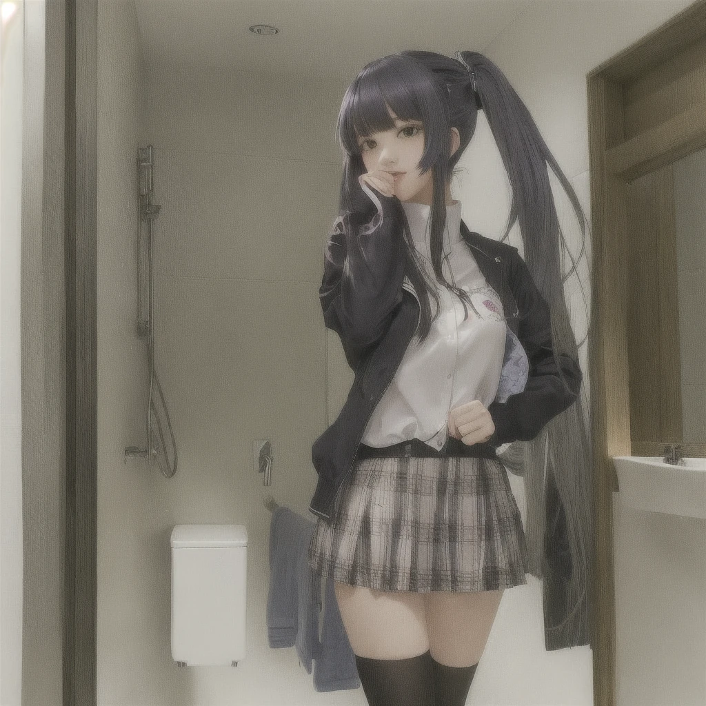 anime girl in a short skirt and jacket standing In the bathroom, a Surreal , 現実的なhigh school girl, beautiful anime high high school girl, Surreal , Gwaiz, Smooth anime CG art, In the bathroom, artwork in the style of Gwaiz, In the bathroom, Anime full body illustration, Anime Moe Art Style, high school girl