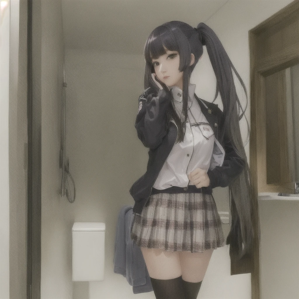 anime girl in a short skirt and jacket standing In the bathroom, a Surreal , 現実的なhigh school girl, beautiful anime high high school girl, Surreal , Gwaiz, Smooth anime CG art, In the bathroom, artwork in the style of Gwaiz, In the bathroom, Anime full body illustration, Anime Moe Art Style, high school girl