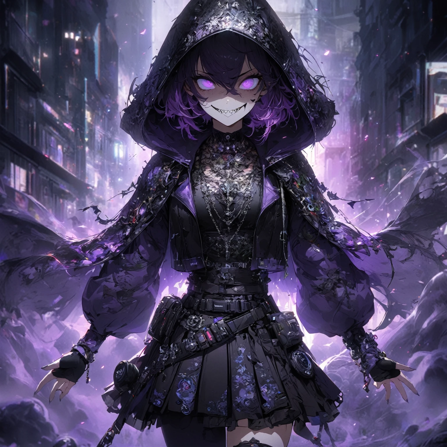 a lady Wearing a purple cape that is like shadowy and gaseous, wearing a unique casual outfit, in a background that suit her outfit theme, a unique pose that suit her character, her facial expression is, **Evil Grin:** Narrowed or gleaming eyes, wide sinister grin, (nude:0.8), sharp teeth, detailed gorgeous face| anime style| key visual| intricate detail| highly detailed| breathtaking| vibrant| panoramic| cinematic| Carne Griffiths| Conrad Roset| gibbli 8k,