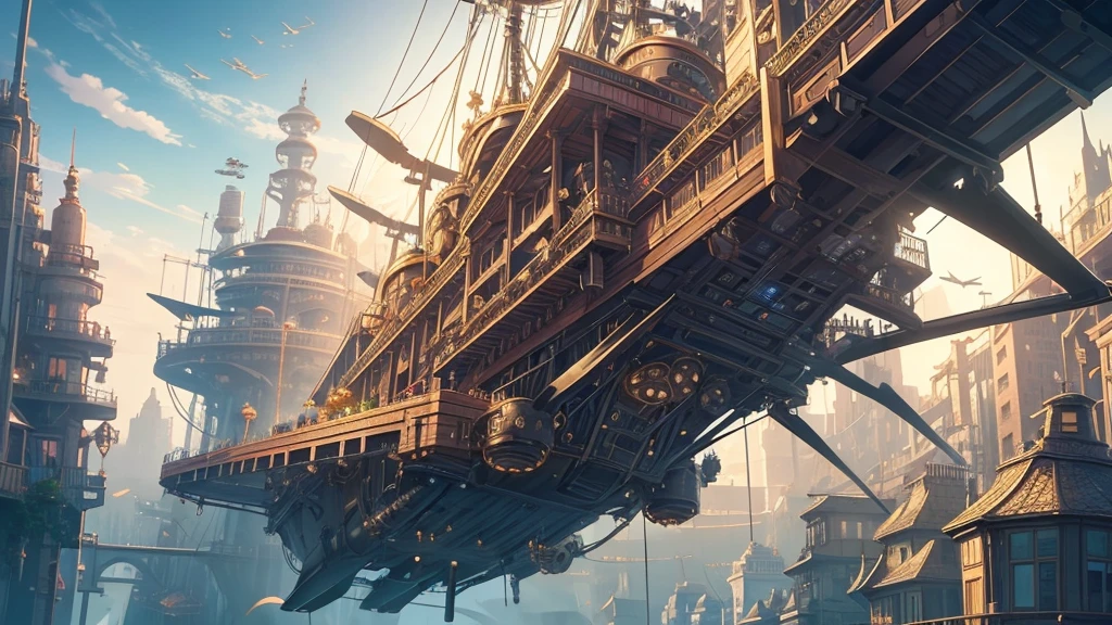 Floating steampunk city in anime style for jazz fusion cover. Flying islands connected by gear bridges and steam pipes. Blimps and flying machines with bronze propellers fly through the sky. In the middle, a huge mechanical clock rules the city. Detailed and mechanical animation style, inspired by 'Steamboy' and 'Howl's Moving Castle'. warm colors: copper brown, metallic gold and blue. Atmosphere of industrial wonder and futuristic nostalgia