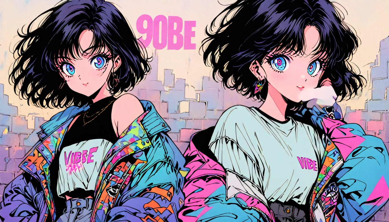 Beautiful 1girl, solo, gentle smile on her face flat chest, short hair, black hair, blue eyes, (detailed eyes), Girl,Urban Fashion,Streetwear,90s , Vibe,Colorful Clothing,Casual Pose,Bold Accessories,Graphic Jacket,High-waisted Pants,Sneakers