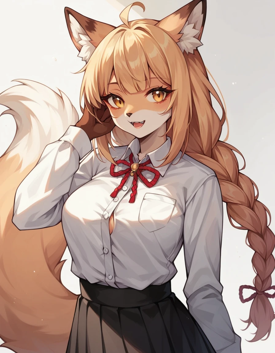score_9,score_8_up,score_7_up, Anthro, light yellow anthro furry fox girl, golden blonde furry body, long blonde hair, single braided hair, yellow eyes, snout, black nose, blonde furry body, fox ears and tail, small breasts,  wearing white button up shirt, black skirt