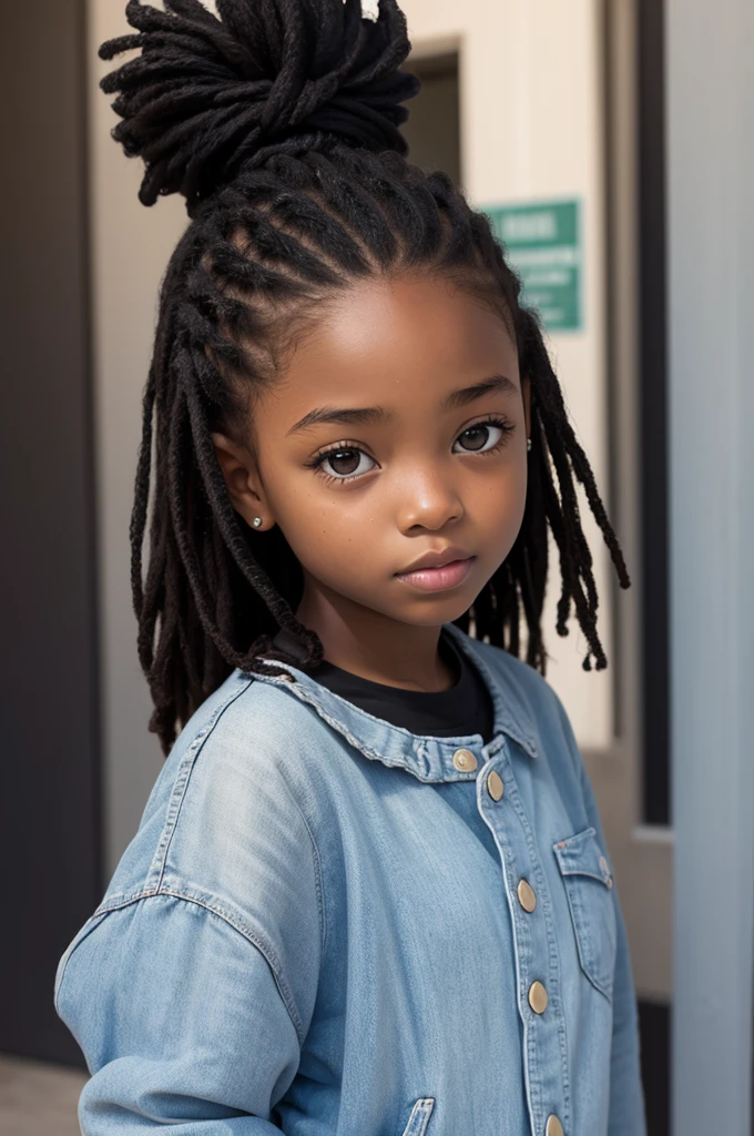 Fashion photography of children, white dress, strong sense of design, medium shot, 8-year-old girl, African black-skinned little girl, short hair, hair accessories, delicate skin, cute and lively, simple background, high texture, backlight, professional studio light