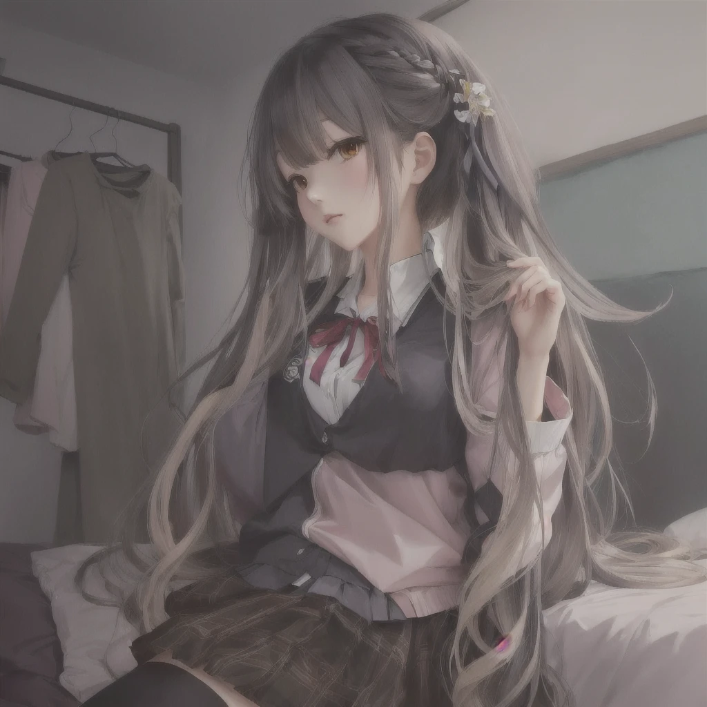Anime Girls with long hair sitting on bed with clothes hanging on wall, Soft anime illustration, Smooth anime CG art, Anime Girls with long hair, seductive Anime Girls, From Girls Frontline, cute Anime Girls, Anime Art Wallpapers 8K, [ 4k digital art ]!!, Anime Moe Art Style, Painted in an anime artist&#39;s studio, Anime Girls