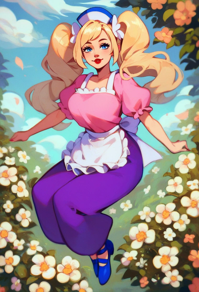 barbara, 1girl, full body, solo, older woman, blue eyeshadows, blue eyes, red lipstick, big red lips, grey puffy hair, pink shirt with a white apron (with flowers), purple pants, blue shoes