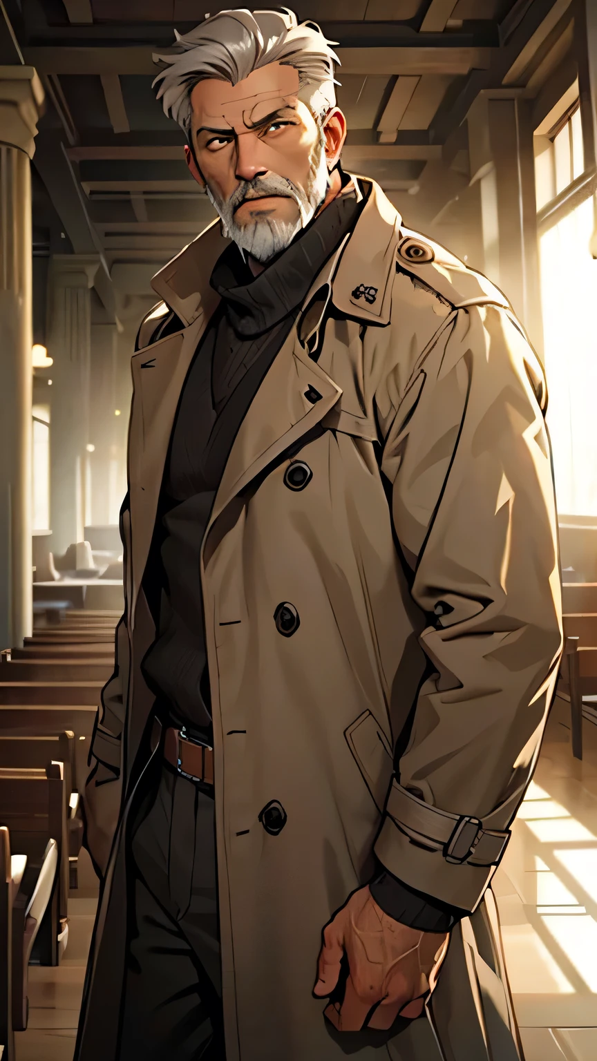 Mature man, short hair, gray hair, gray beard, few wrinkles, light brown eyes, wearing a long light brown trench coat with woven symbols, in a room full of religious symbols.