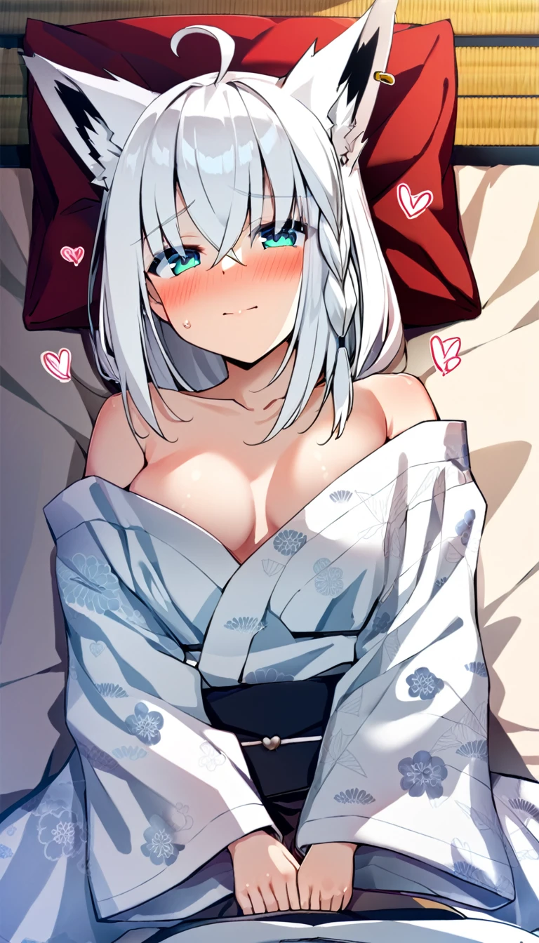 one girl, Shirakami Fubuki, fox ears, white hair, yukata, lying on futon, from above, shy, look at me, love me, naughty mood, upperbody focus, off shoulder, heart mark, kissing face