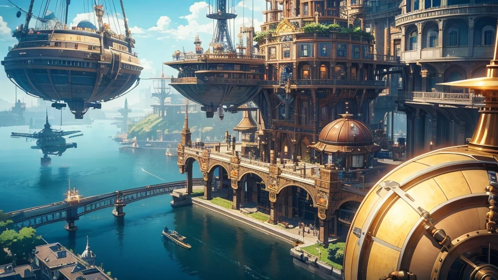Floating steampunk city in anime style for jazz fusion cover. Flying islands connected by gear bridges and steam pipes. Blimps and flying machines with bronze propellers fly through the sky. In the middle, a huge mechanical clock rules the city. Detailed and mechanical animation style, inspired by 'Steamboy' and 'Howl's Moving Castle'. warm colors: copper brown, metallic gold and blue. Atmosphere of industrial wonder and futuristic nostalgia