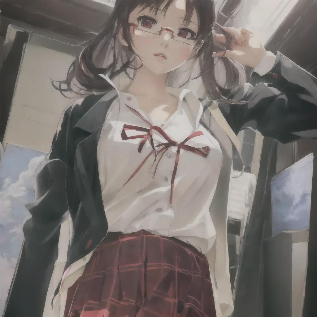 Wearing glasses、Anime girl in a white shirt and red skirt, Kantai Collection Style, artwork in the style of Gwaiz, Gwaiz, Detailed digital anime art, Digital anime illustration, Gwaiz on pixiv artstation, Anime Moe Art Style, a Surreal , Realistic school girl, Created by Anime Painter Studio, Surreal 