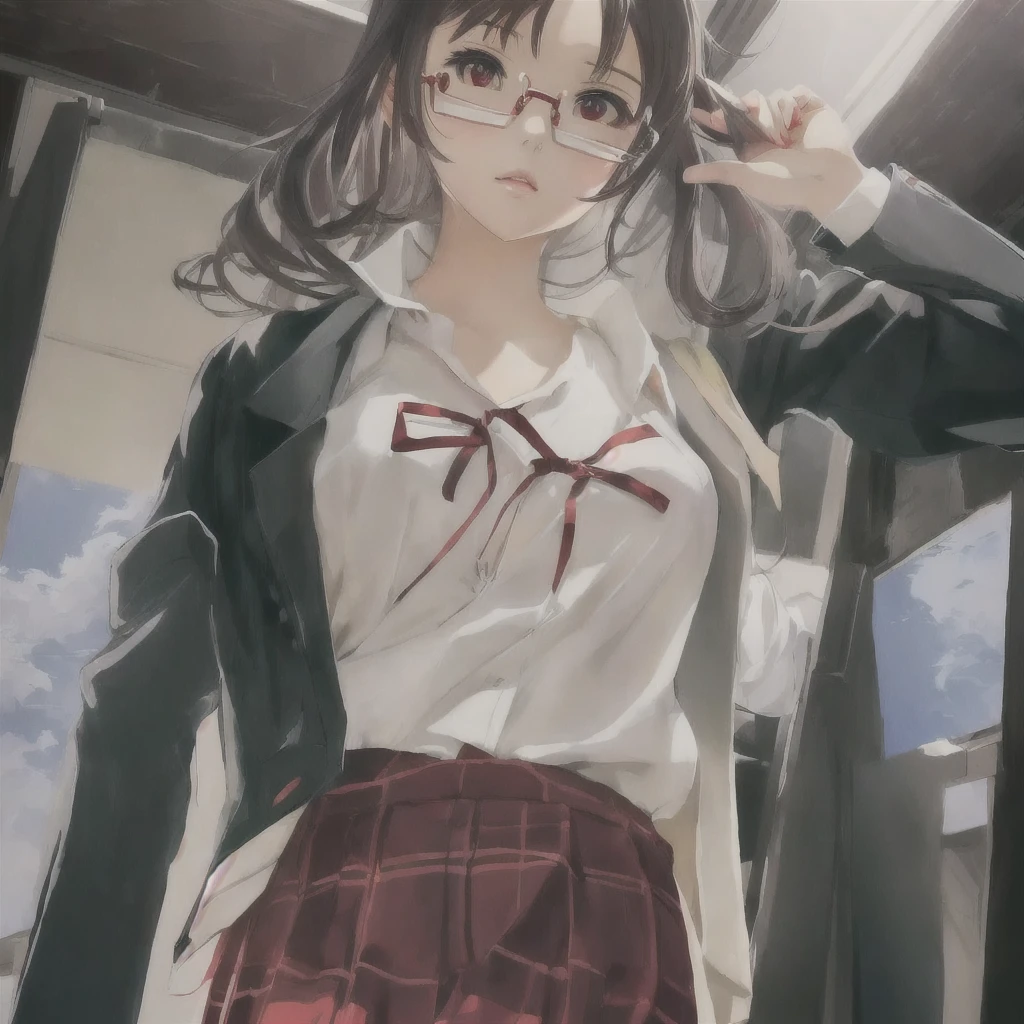 Wearing glasses、Anime girl in a white shirt and red skirt, Kantai Collection Style, artwork in the style of Gwaiz, Gwaiz, Detailed digital anime art, Digital anime illustration, Gwaiz on pixiv artstation, Anime Moe Art Style, a Surreal , Realistic school girl, Created by Anime Painter Studio, Surreal
