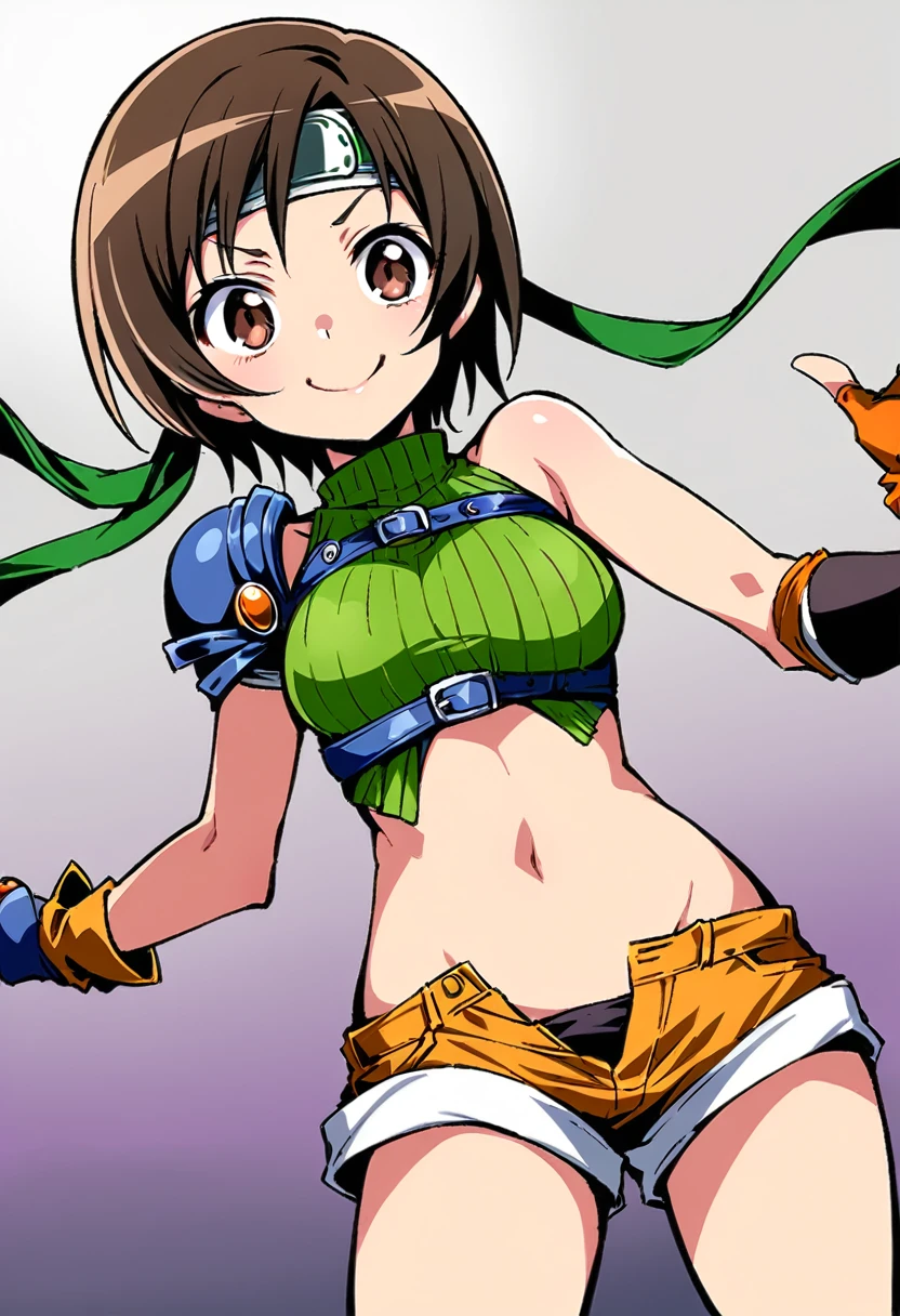 score_9, score_8_up, score_7_up,,BREAK , from below,navel below view.,mediumshot,(Standing pose),soro focus,1girl, yuffie kisaragi, final fantasy, short hair,headband,navel,sleeveless,turtleneck,brown eyes,sleeveless turtleneck,solo,breasts,looking at viewer,smile,gloves,crop top,brown hair,shorts,midriff,,sweater,open fly,armor,fingerless gloves,ribbed sweater,medium breasts,,smile,smug,best quality,aesthetic,very aesthetic,masterpiece,high-resolution, Vector graphics (Proportion).