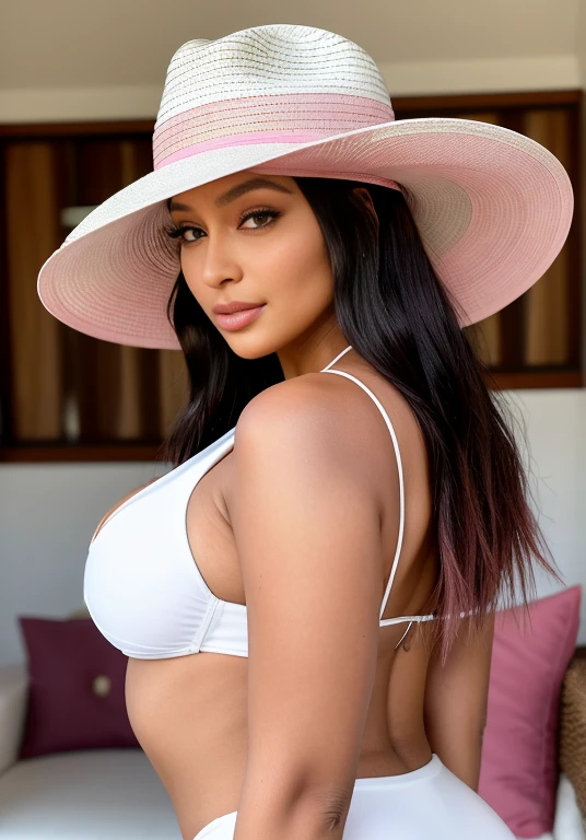 Araffe woman in white bikini and cowboy hat posing for a photo., nicki minaj curves, half pink, seductive lady, clear portrait of half pink, Kylie Jenner, Profile picture, portrait half pink, Stunning woman, how much, portrait of half pink, beautiful lady, Teresa Thompson inspired, beautiful woman, Lizzo, official, with straw hat, Teresa Thompson