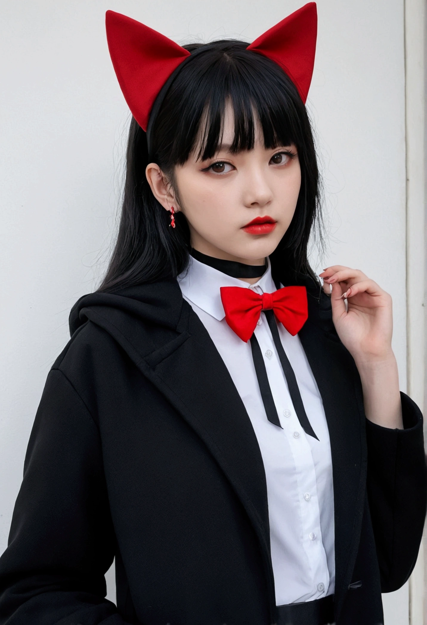 Girl with black hair loose except for two portions that she has tied at the base. Outfit consists of a loose white top with a red bow tie and black short, wears a short black coat with a cat ear hood, a black choker